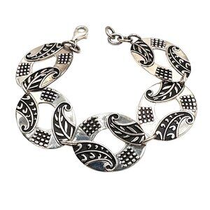 Designer Mexico Sterling Silver Patterned Oval Link 7 Inch Bracelet